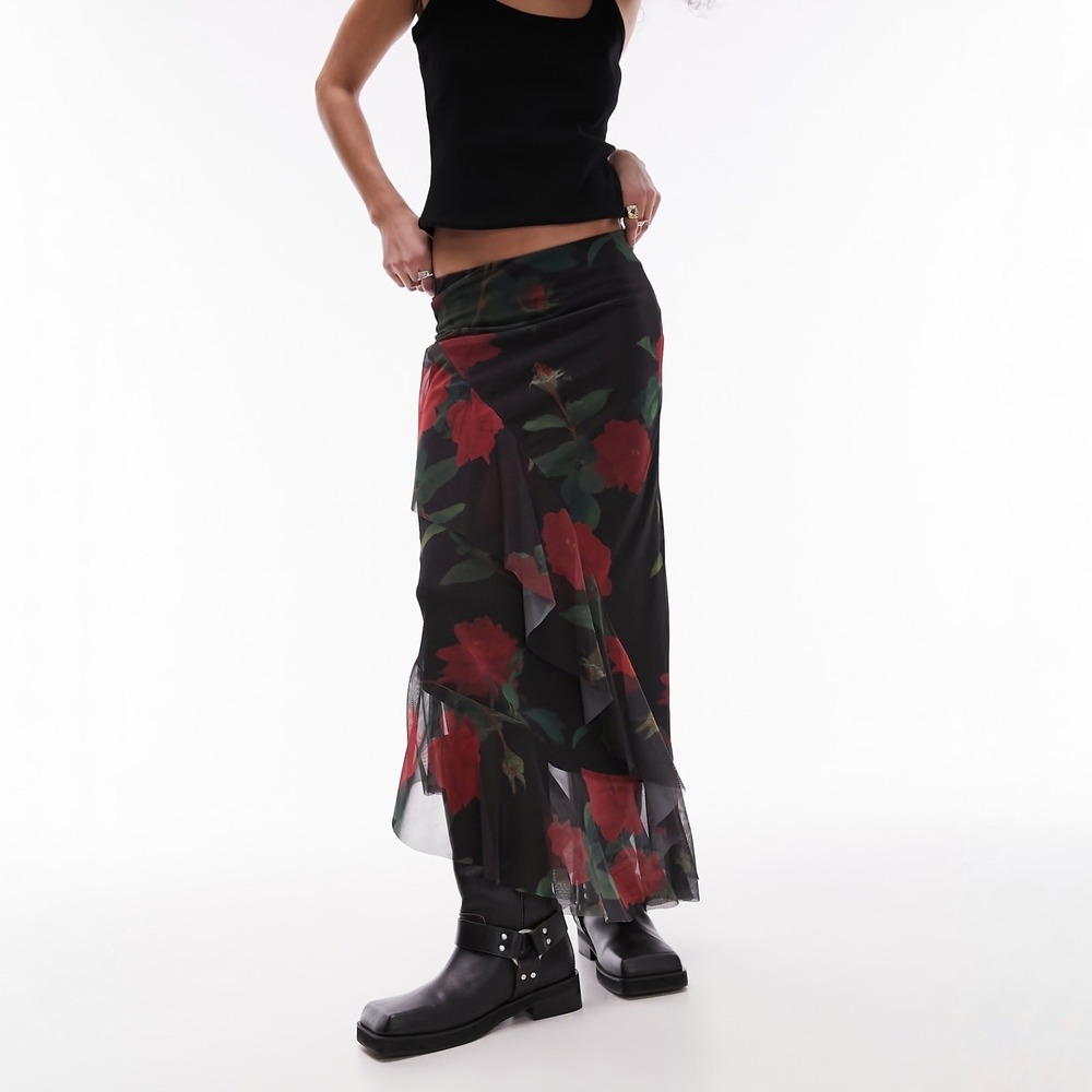 Topshop Asymetric Ruffle Mesh Midi Skirt in Rose Floral Size 6 US NWT